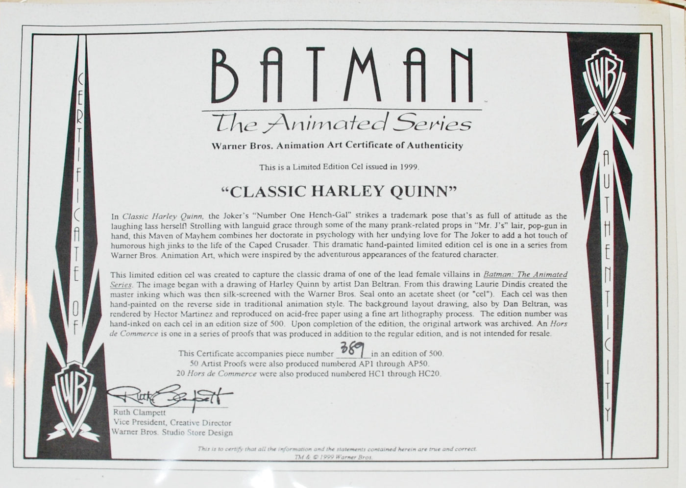 Original Warner Brothers Batman Limited Edition Cel, Classic Harley Quinn