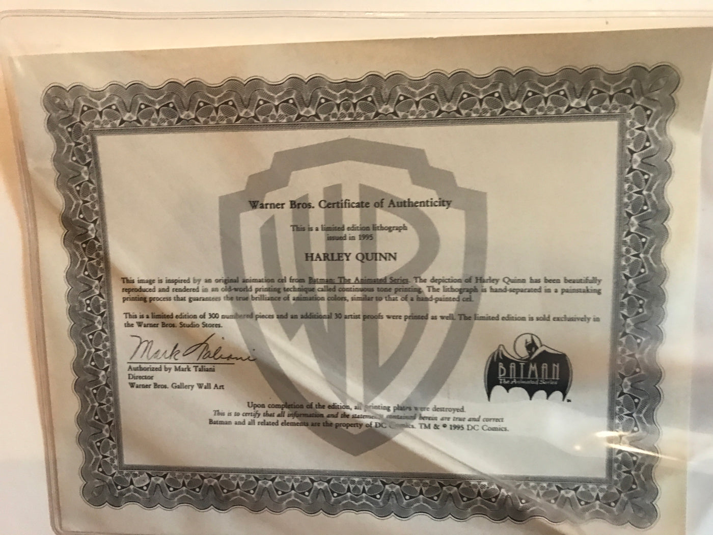 Original Warner Brothers Batman Limited Edition Lithograph, Harley Quinn