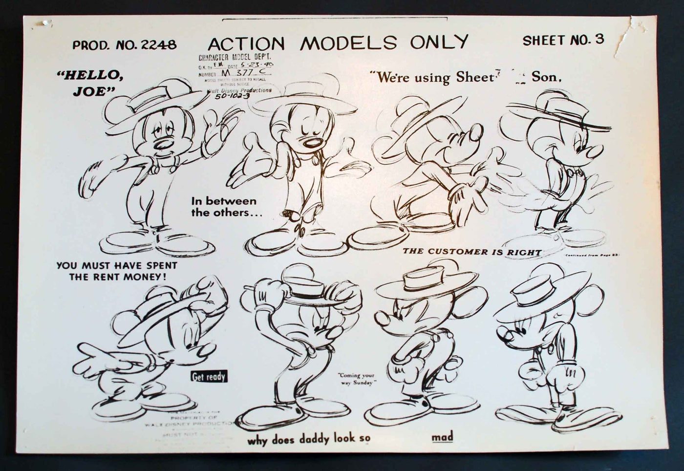 Original Walt Disney Model Sheet Mickey Mouse "Hello Joe"