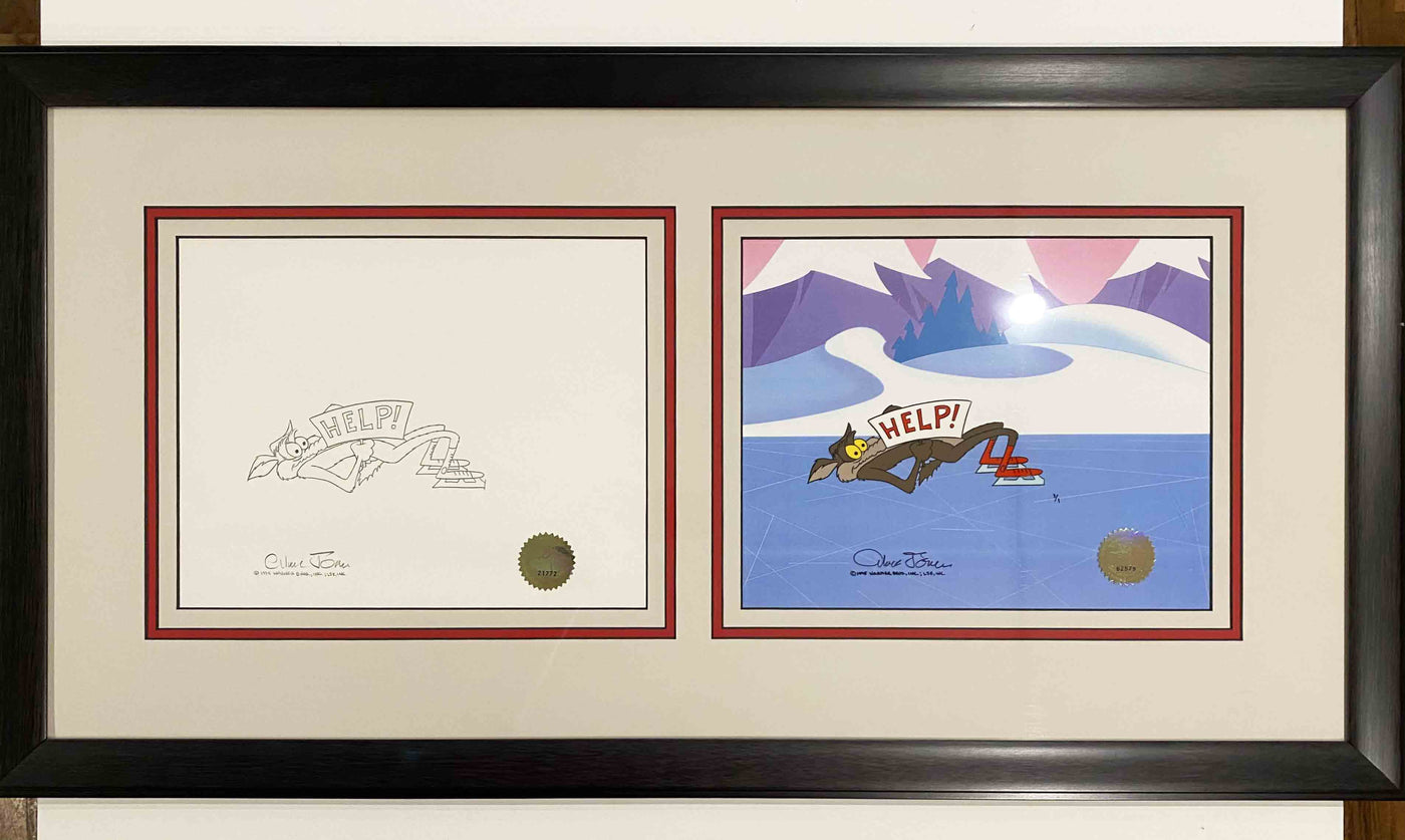 Original Warner Brothers Production Drawing and Matching 1/1 Cel Help from "Bugs Bunny's Looney Christmas Tales" Featuring Wile E Coyote Signed by Chuck Jones