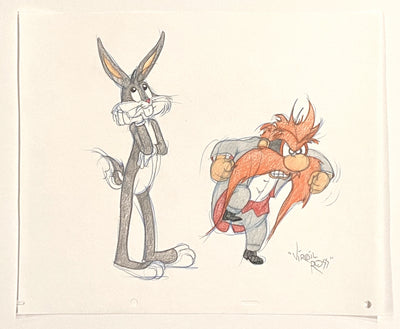 Warner Brothers Virgil Ross Animation Drawing of Bugs Bunny and Yosemite Sam