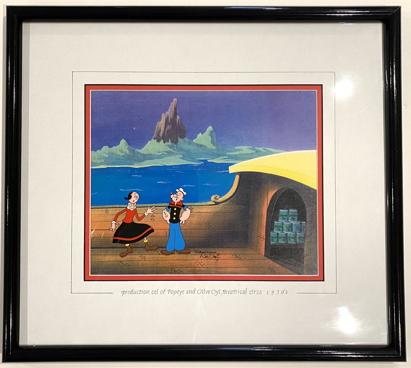 Original Production Cel on Color Copy Background featuring Popeye and Olive Oyl Signed by Dan Hunn and Herb Fritz