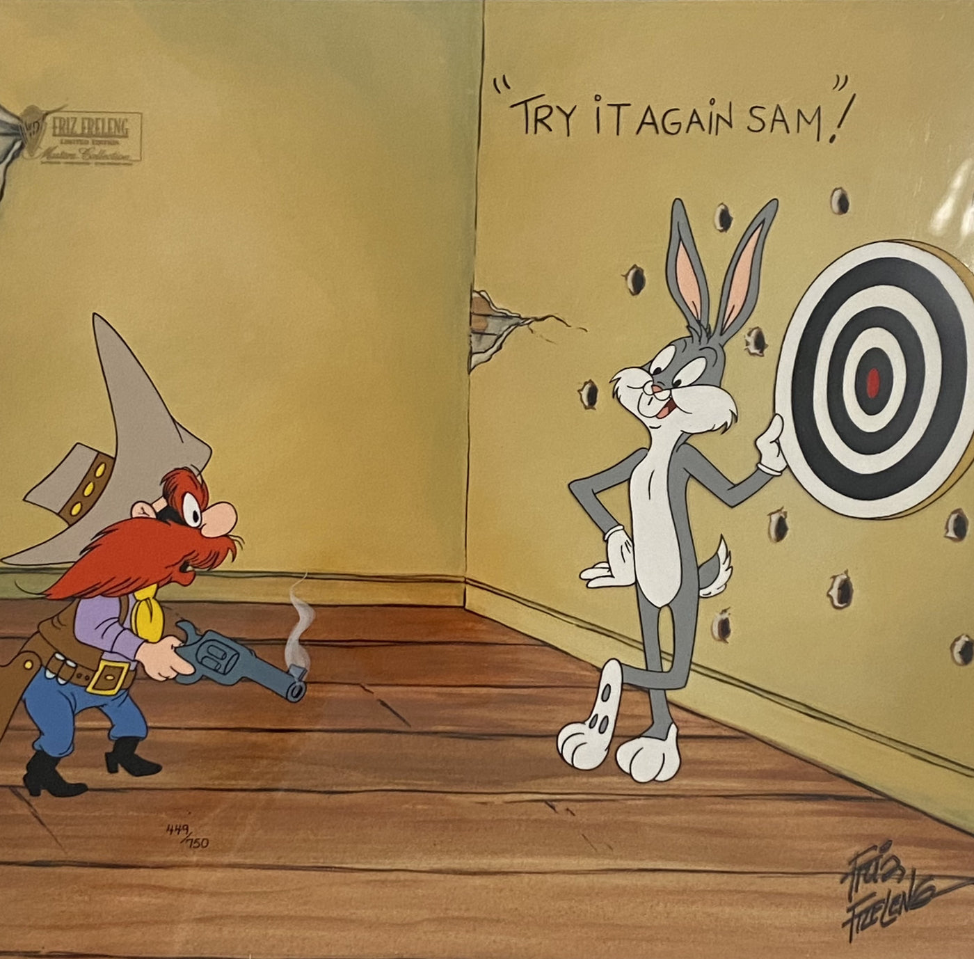 Warner Brothers "Try It Again Sam" Limited Edition Cel Signed by Friz Freleng Featuring Bugs Bunny and Yosemite Sam
