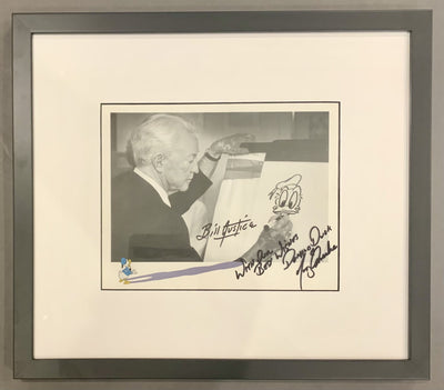 Walt Disney Publicity Cel of Donald Duck with Photograph of Bill Justice and Signatures of Bill Justice and Tony Anselmo