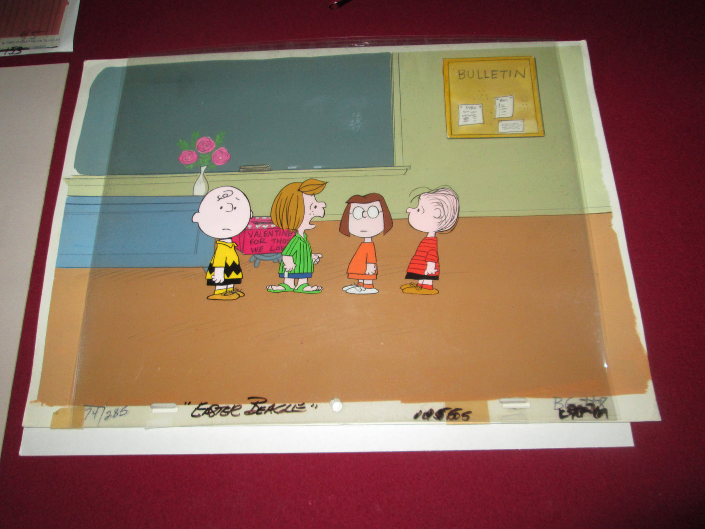Original Peanuts Production Cel on Production Background featuring Charlie Brown, Peppermint Patty, Marcie, and Linus