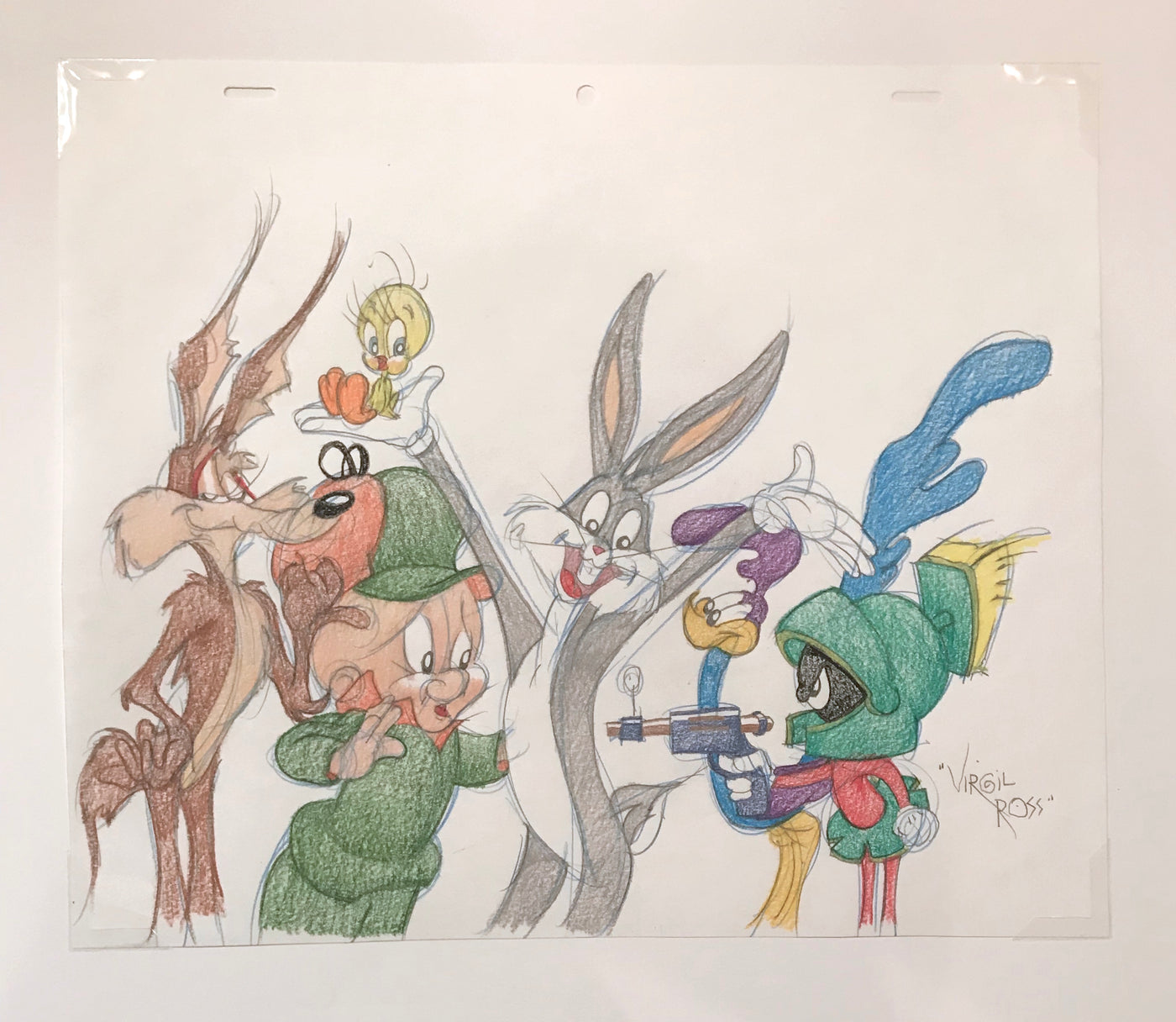 Warner Brothers Virgil Ross Animation Drawing of Wile E. Coyote, Elmer Fudd, Tweety, Bugs Bunny, Roadrunner, and Marvin the Martian