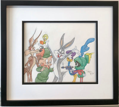 Warner Brothers Virgil Ross Animation Drawing of Wile E. Coyote, Elmer Fudd, Tweety, Bugs Bunny, Roadrunner, and Marvin the Martian