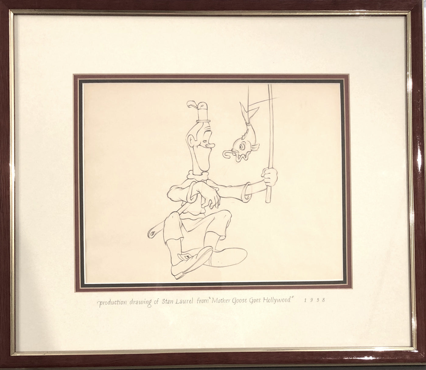 Original Walt Disney Production Drawing featuring Stan Laurel and a Fish from Mother Goose Goes Hollywood (1938)