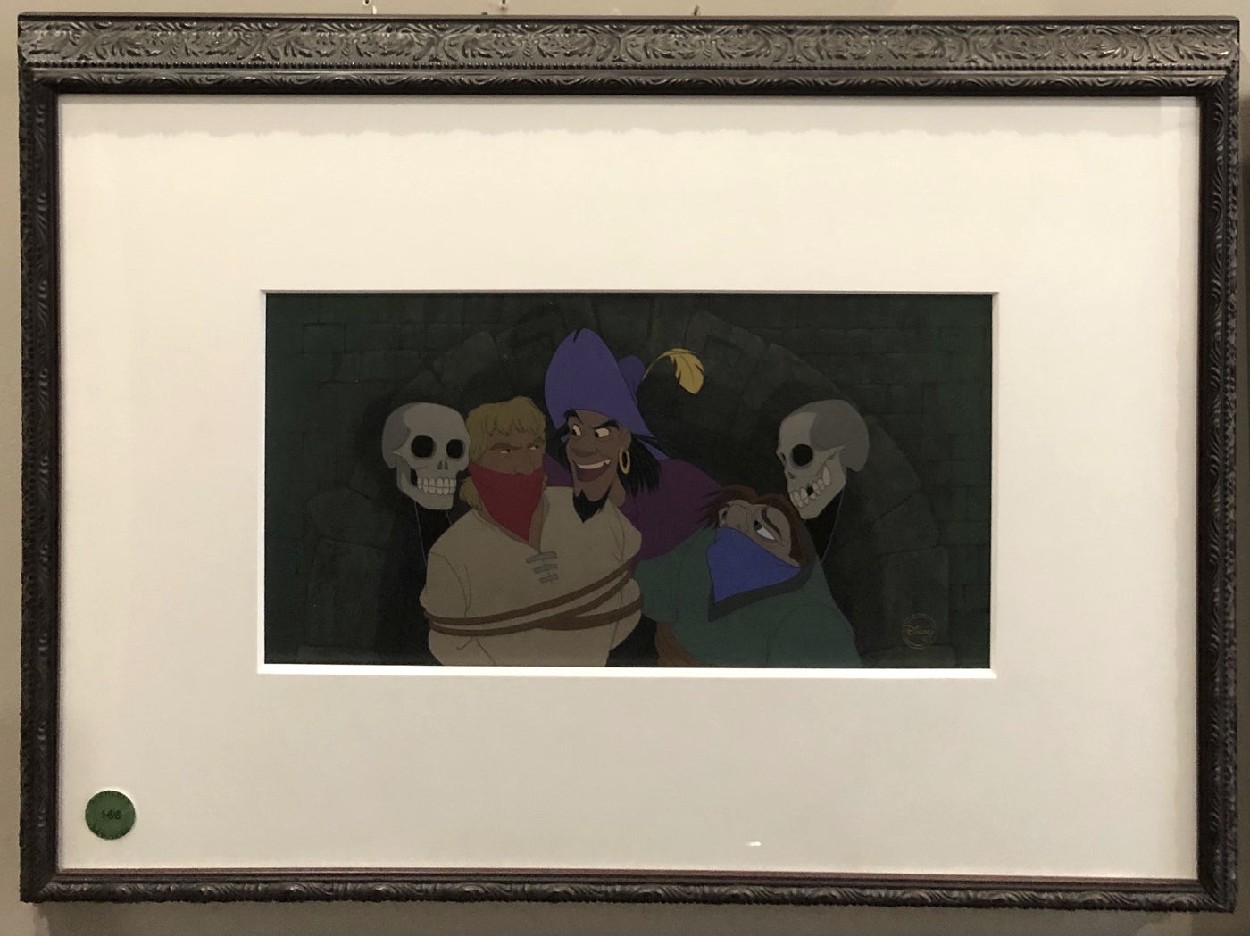 Original Walt Disney One of a Kind Hand-Inked and Hand-Painted Cel on Production Background from The Hunchback of Notre Dame featuring Quasimodo, Phoebus, and Clopin