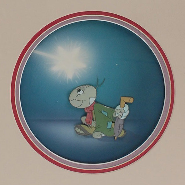Walt Disney Production Cel on Courvoisier Background from Pinocchio featuring Jiminy Cricket