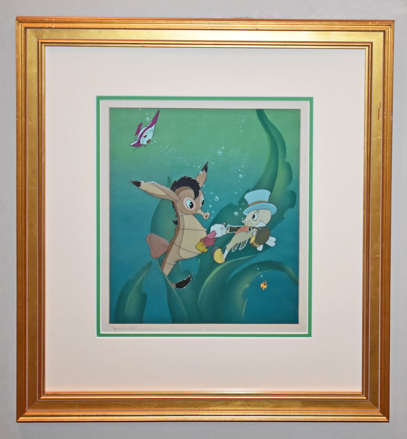 Original Walt Disney Production Cel on Courvoisier Background featuring Jiminy Cricket