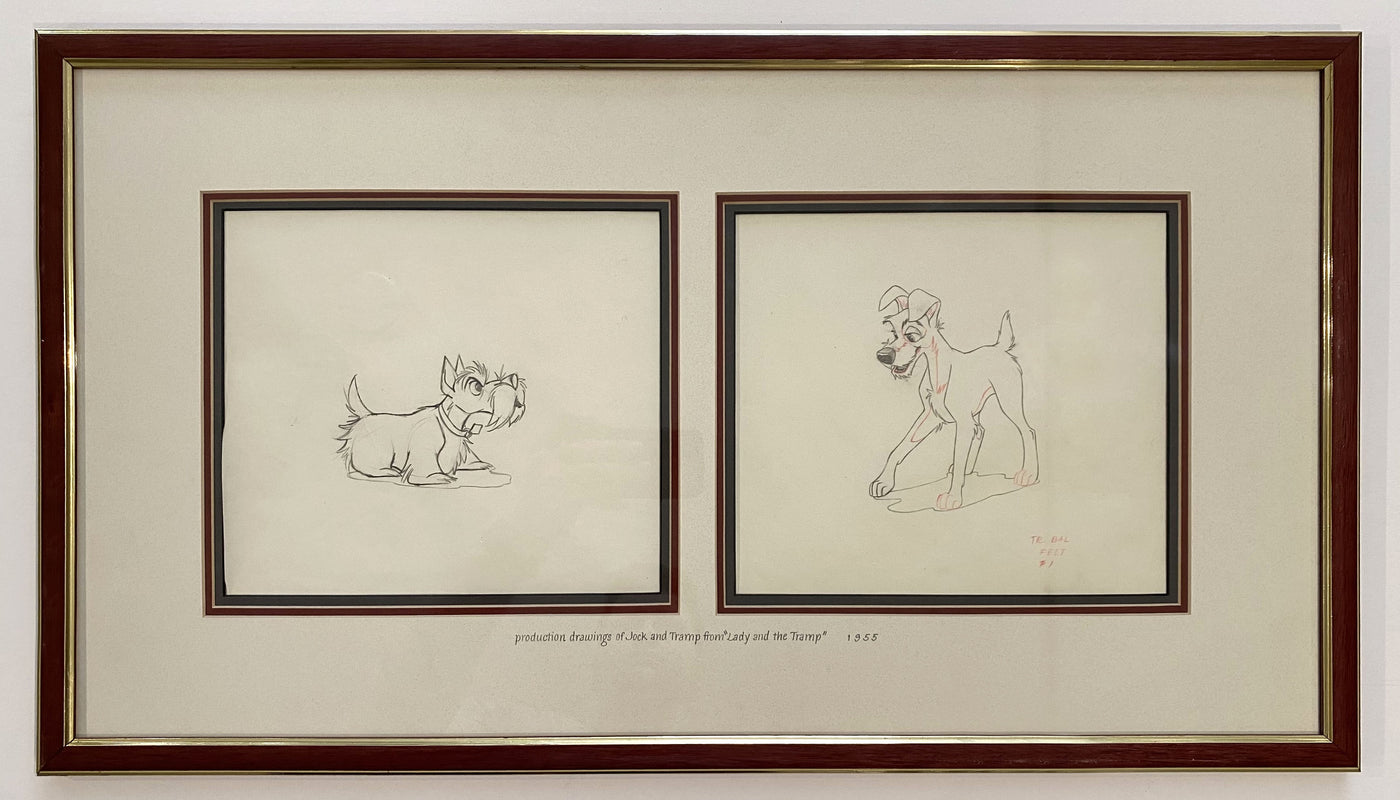 Two Original Walt Disney Production Drawings from Lady and the Tramp featuring Tramp and Jock