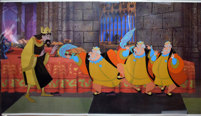 Four Original Walt Disney Production Cels on Color Copy Background featuring King Stefan and King Hubert from Sleeping Beauty