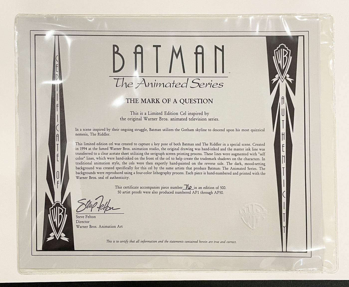 Original WB Limited Edition Cel "The Mark Of A Question" Batman: The Animated Series