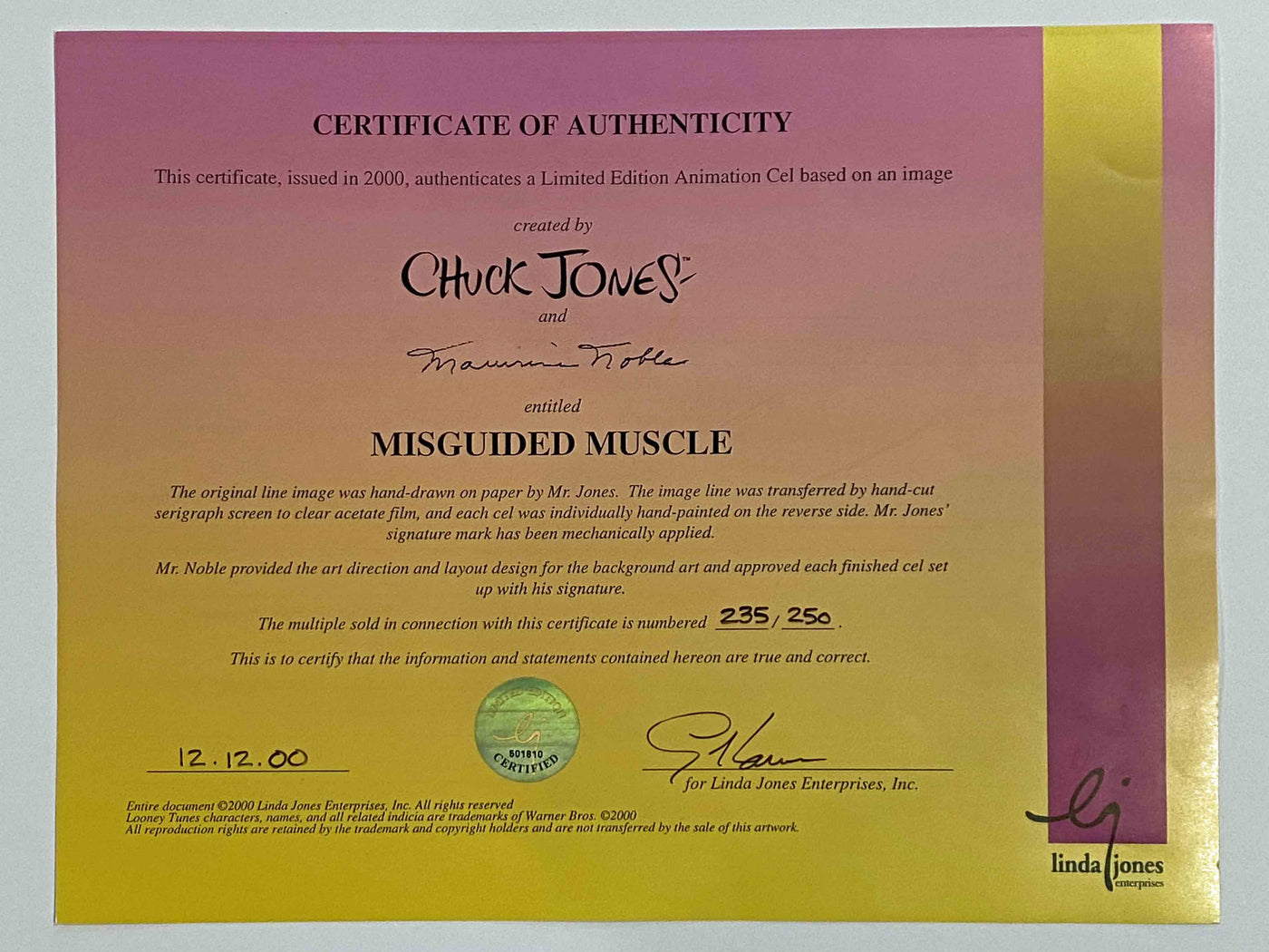 Warner Brothers Limited Edition Cel "Misguided Muscle" Signed By Chuck Jones