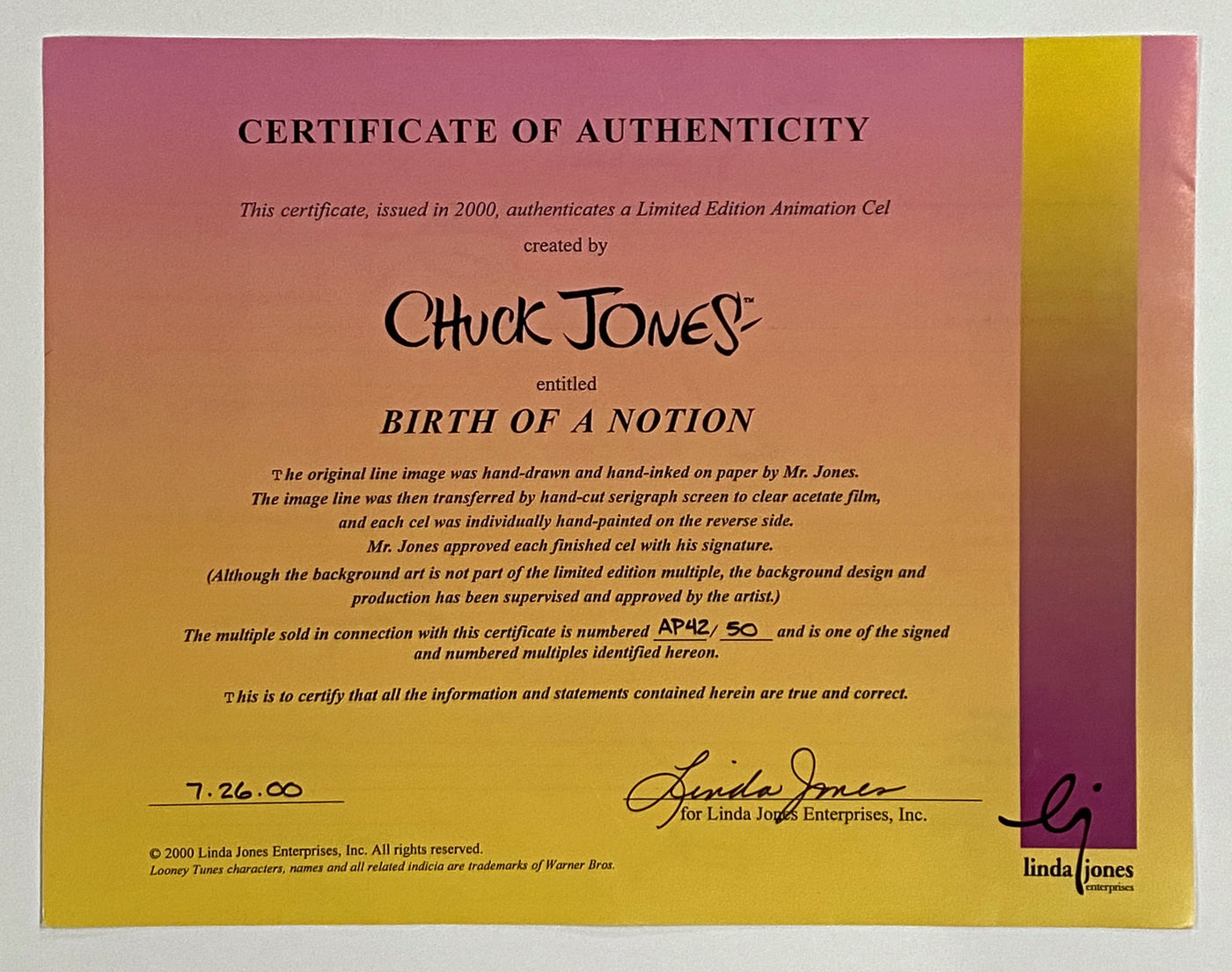 Warner Brothers Limited Edition Cel "Birth of a Notion" Signed By Chuck Jones