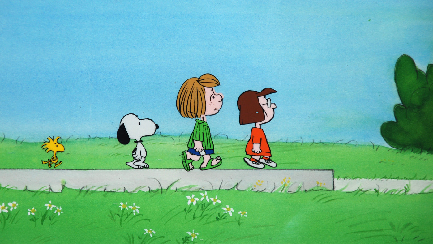 Original Peanuts Production Cel on Production Background featuring Peppermint Patty, Marcie, Snoopy, and Woodstock