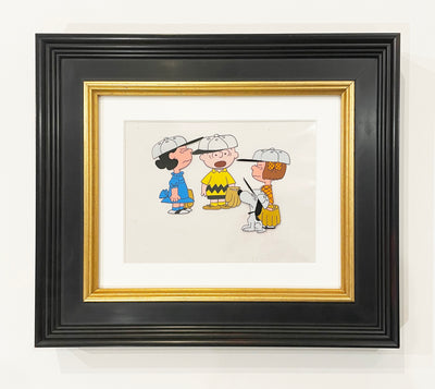 Original Peanuts Production Cel featuring Charlie Brown, Lucy van Pelt, Patty, and Snoopy
