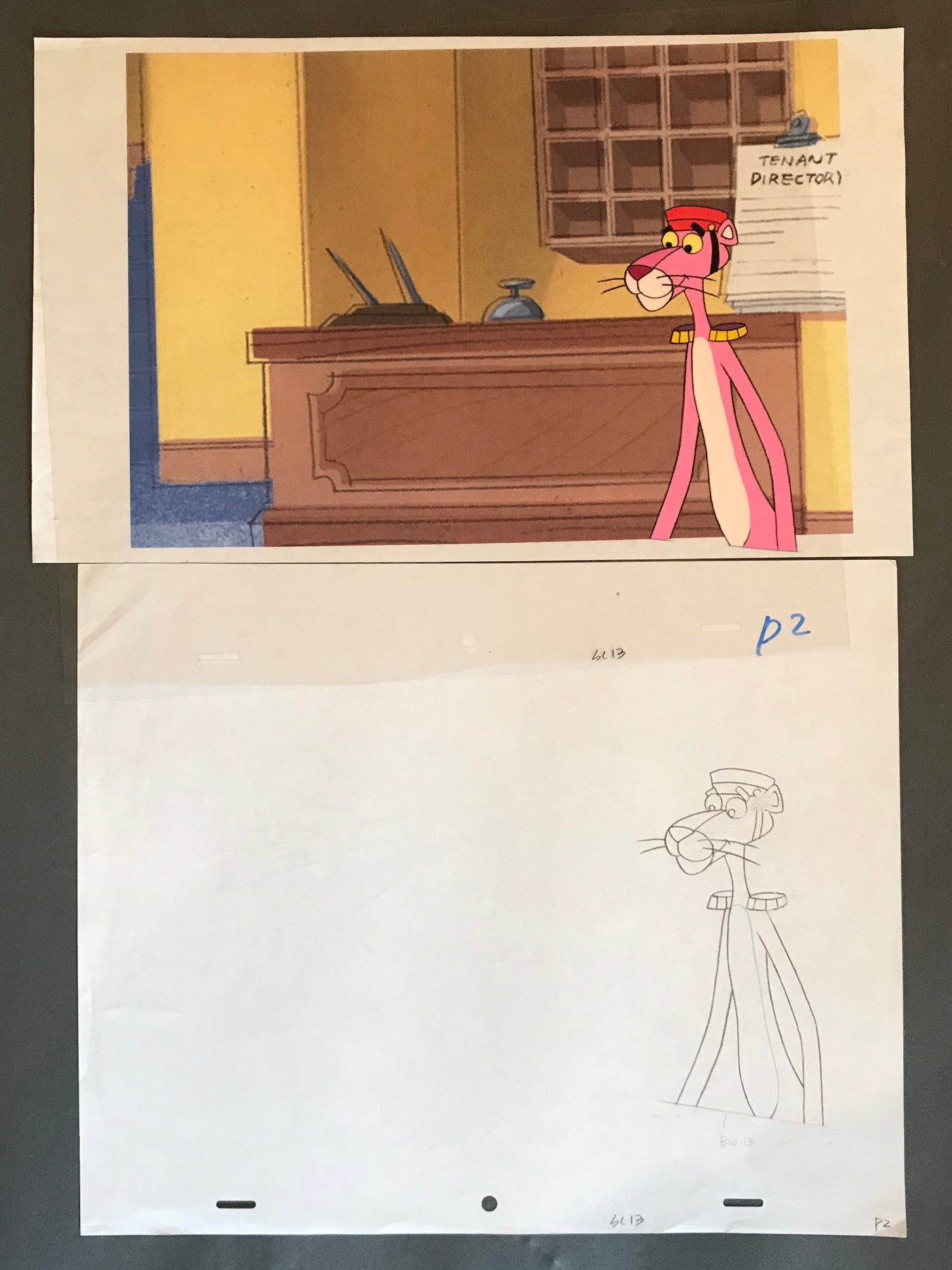Original Pink Panther Production Cel on Color Copy Background with matching Production Drawing featuring The Pink Panther