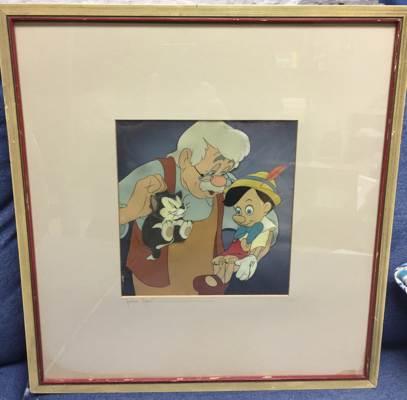 Original Walt Disney Production Cel on Courvoisier Background Geppetto, Pinocchio, Figaro