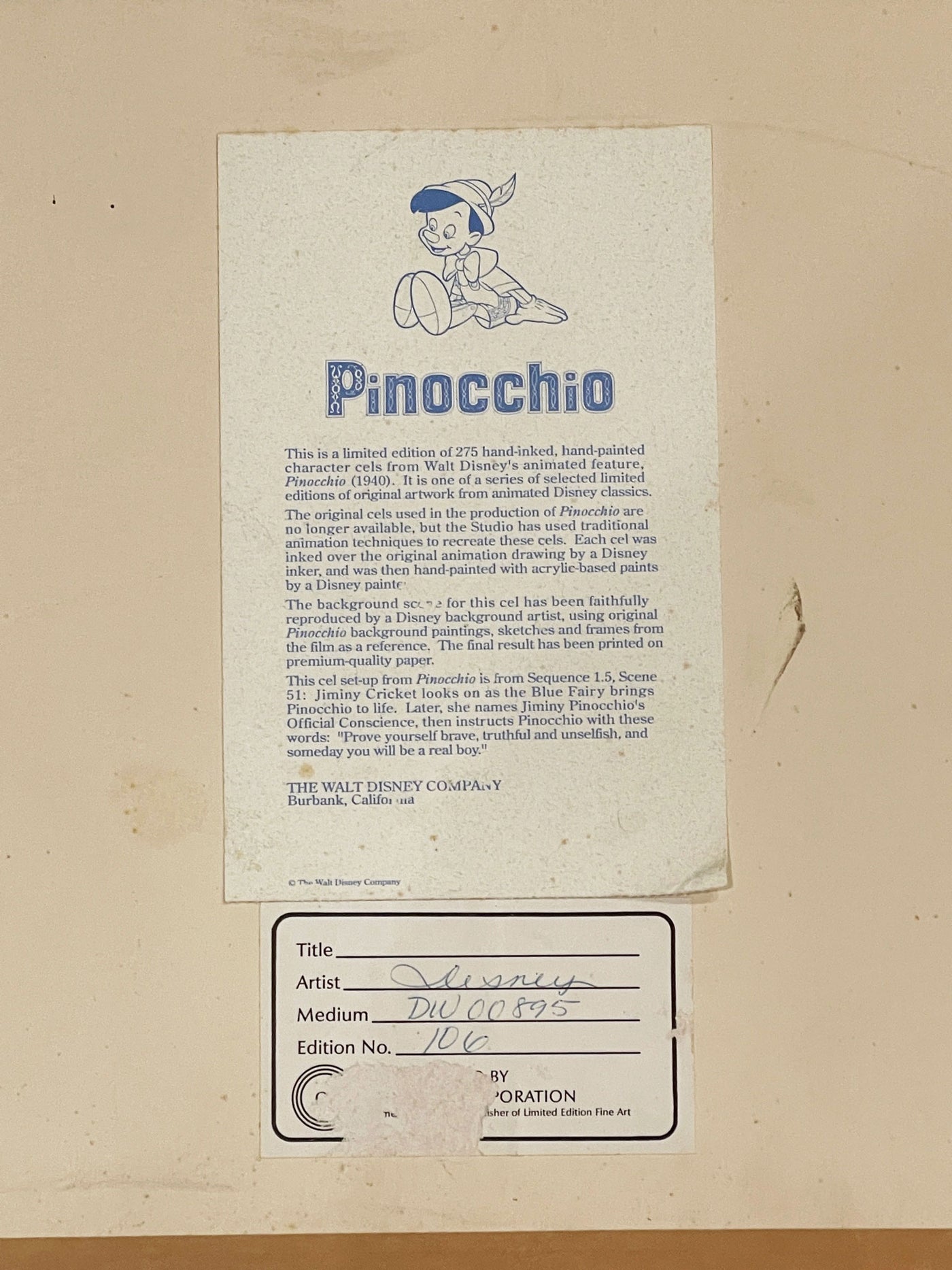 Original Walt Disney Limited Edition Cel featuring Pinocchio, Jiminy Cricket, the Blue Fairy