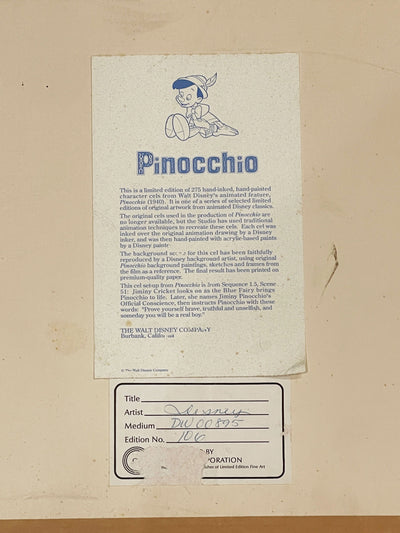 Original Walt Disney Limited Edition Cel featuring Pinocchio, Jiminy Cricket, the Blue Fairy