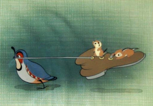 Walt Disney Production Cel on Courvoisier Background featuring Squirrel and Quail