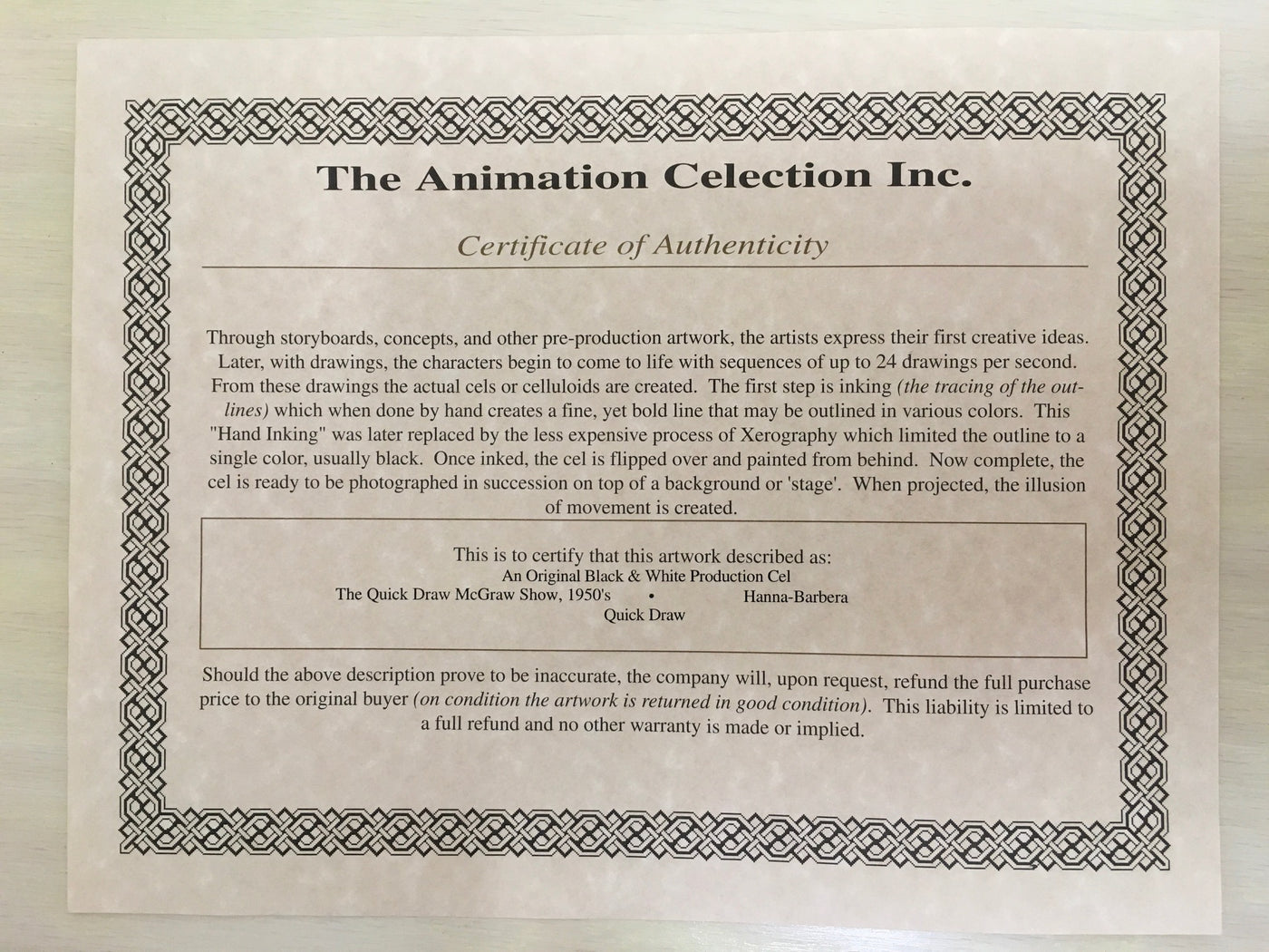 Original Hanna Barbera Production Cel featuring Quick Draw McGraw