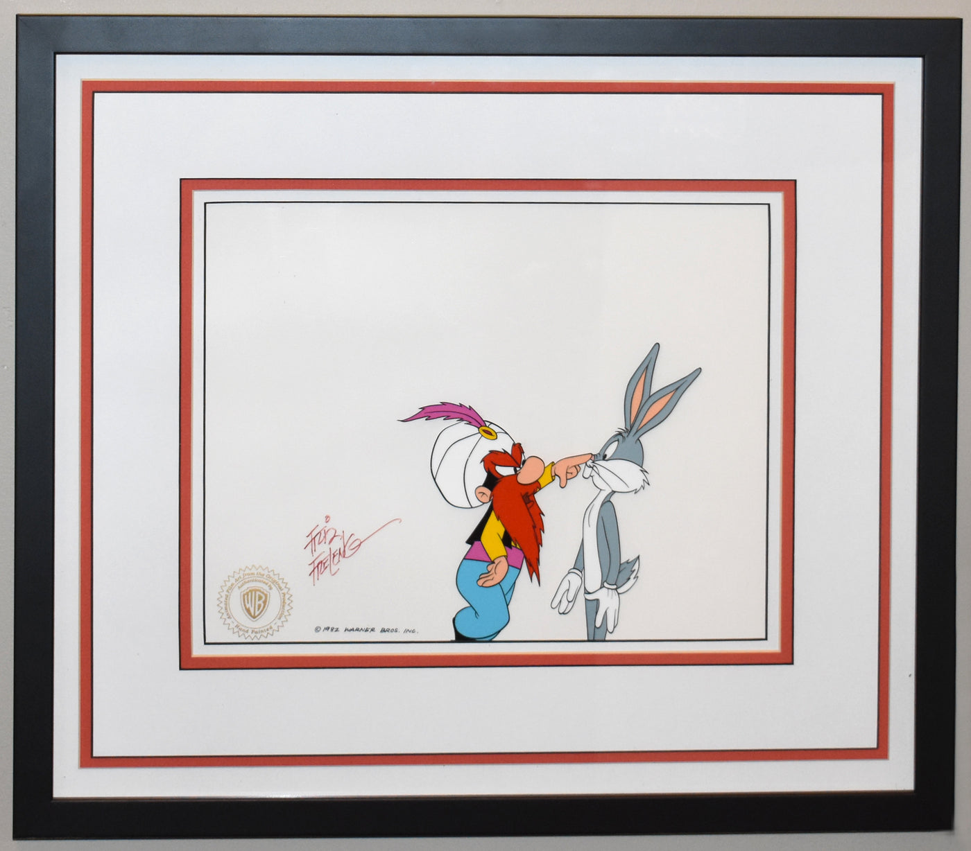 Original Warner Brothers Production Cel Featuring Bugs Bunny and Yosemite Sam from Rabbit Tales (1982), Signed by Friz Freleng