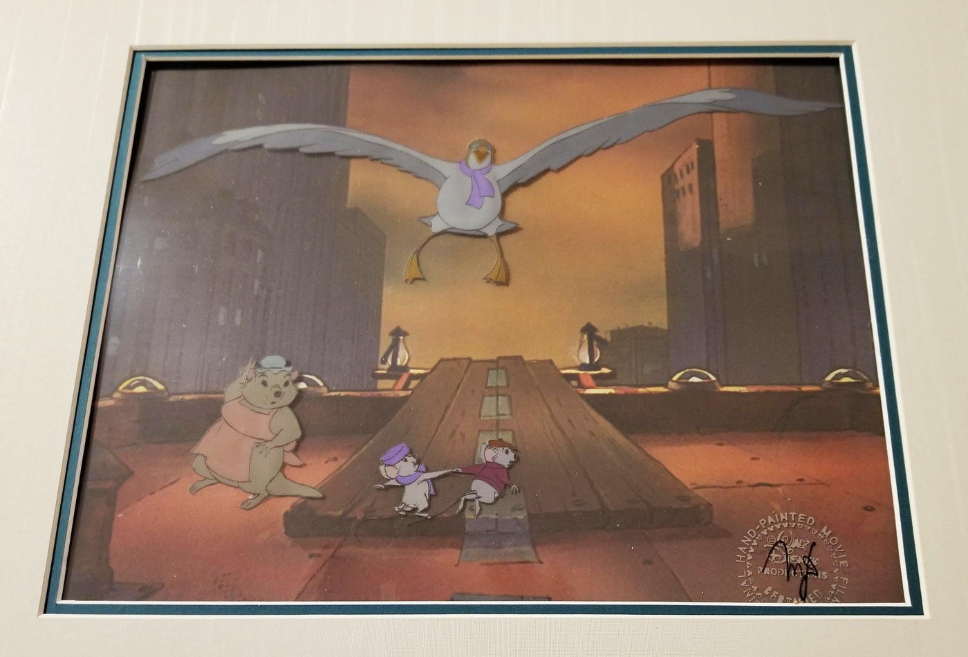 Original Walt Disney Production Cel from The Rescuers featuring Bernard, Bianca, Orville and others