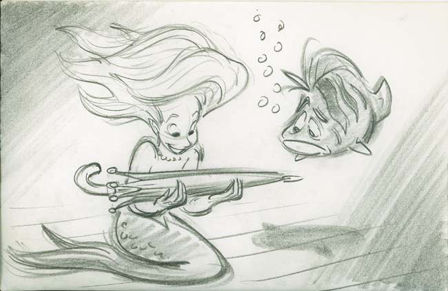 Original Walt Disney Storyboard Drawing From The Little Mermaid featuring Ariel and Flounder