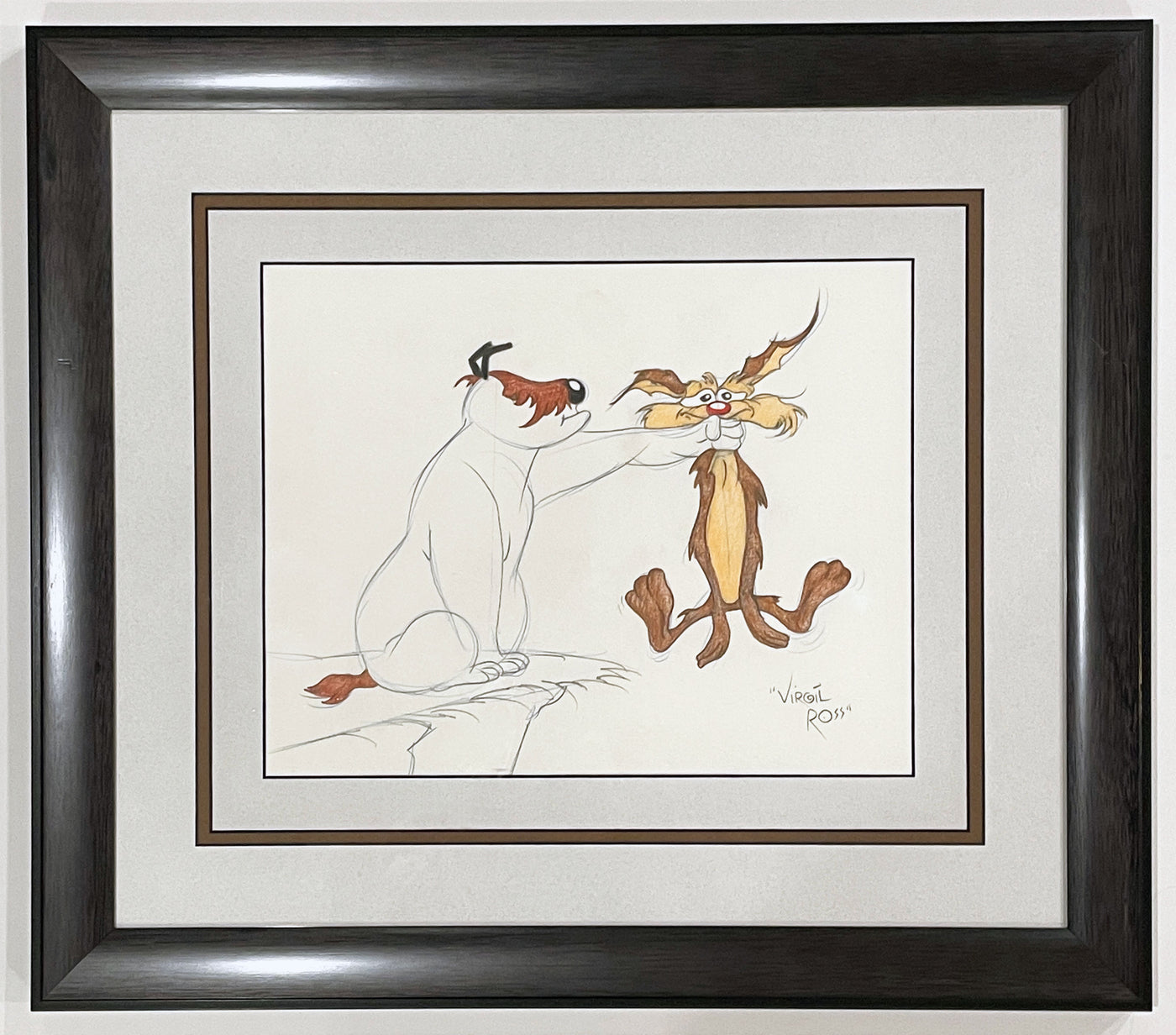 Warner Brothers Signed Virgil Ross Animation Drawing of Sam Sheepdog and Wile E. Coyote