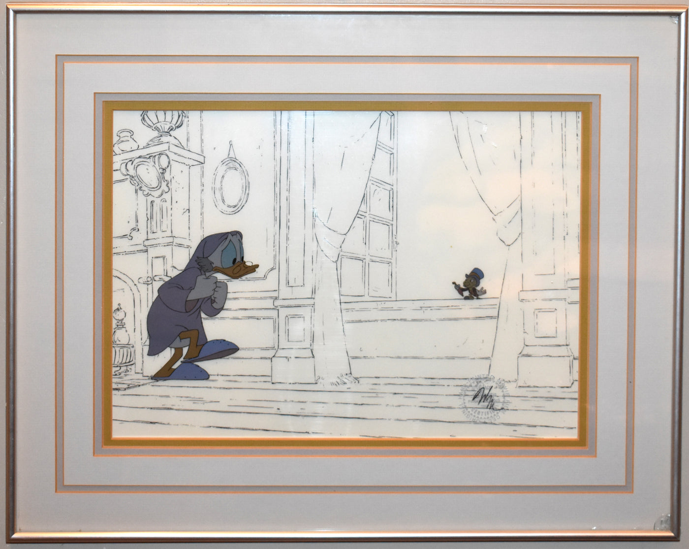Original Walt Disney Production Cel from Mickey's Christmas Carol featuring Scrooge McDuck and Jiminy Cricket