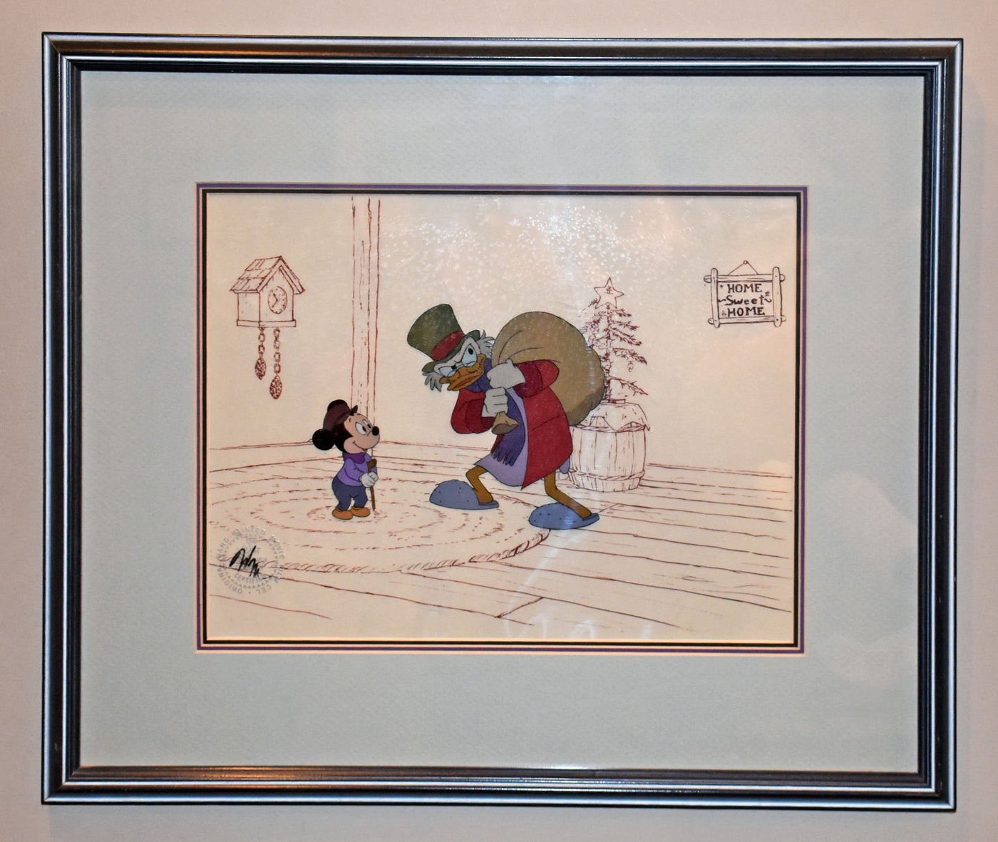 Original Walt Disney Production Cel from Mickey's Christmas Carol featuring Scrooge McDuck and Tiny Tim