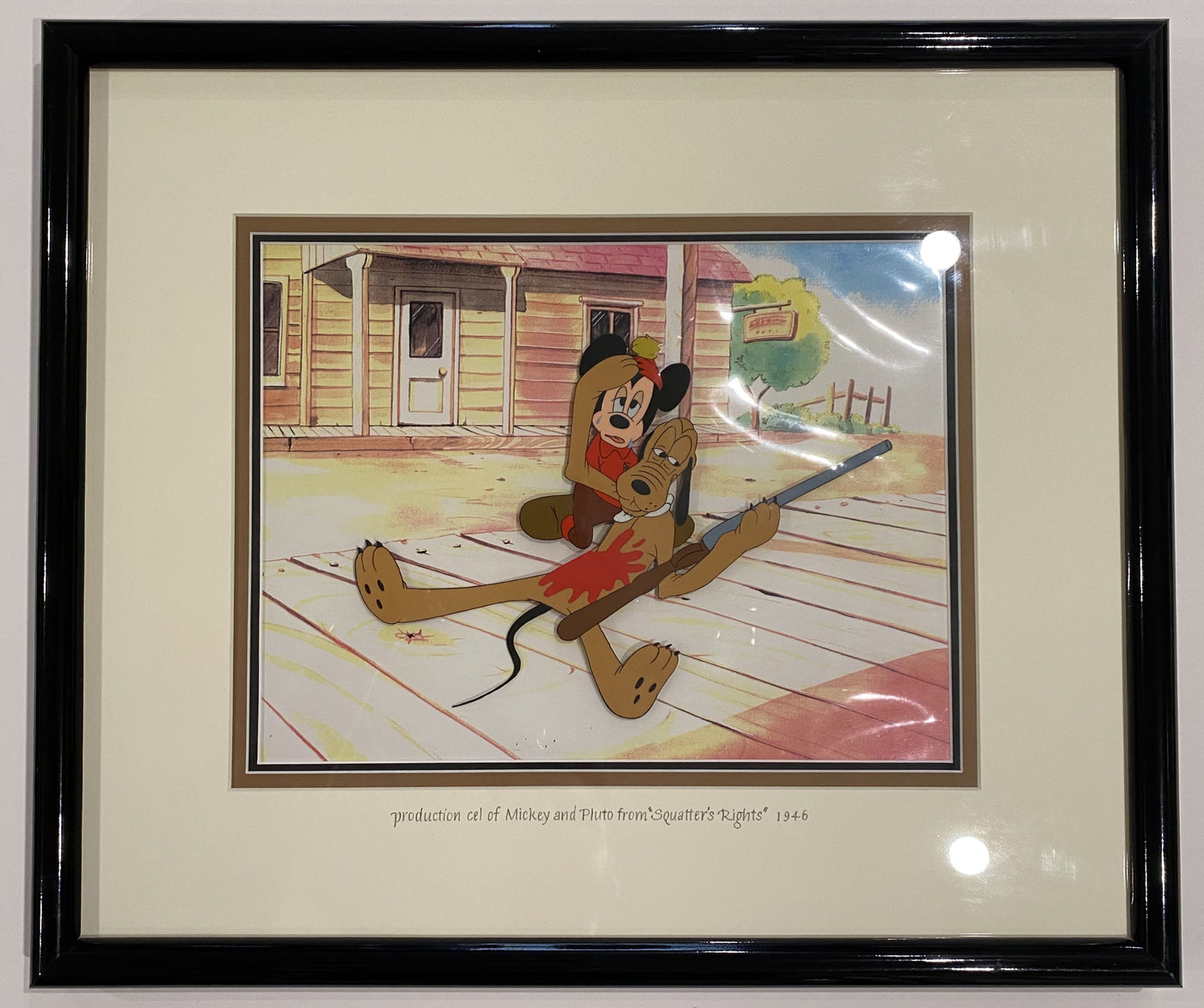 Original Walt Disney Production Cel on Color Copy Background Featuring Mickey Mouse And Pluto From Squatter's Rights (1946)