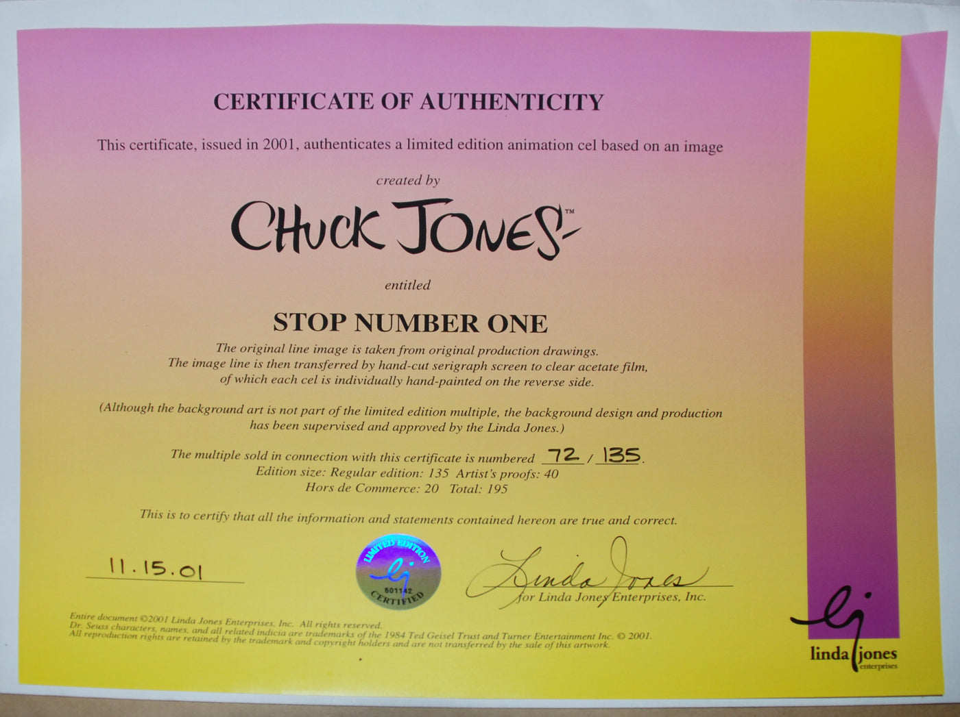 Original Chuck Jones Limited Edition Cel "Stop Number One"