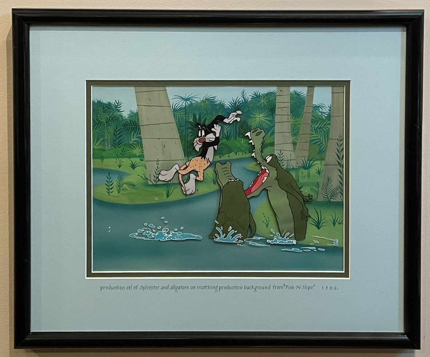 Original Warner Brothers Production Cel of Sylvester and alligators on Matching Production Background