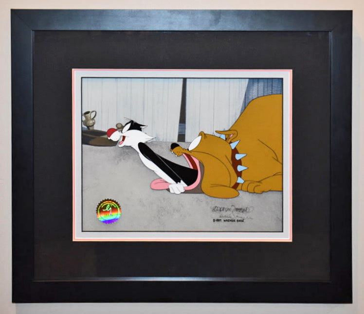 Original Warner Brothers Production Cel Featuring Sylvester and Hector the Bulldog, Signed by Chuck Jones and Stephen Fossatti