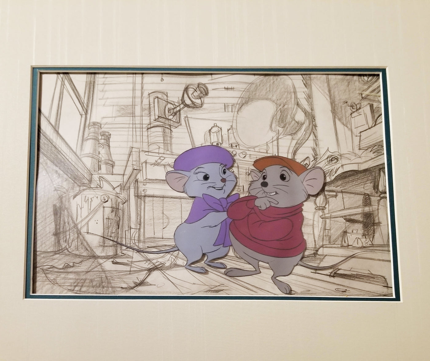 Original Walt Disney Production Cel on Original Production Layout Drawing from The Rescuers featuring Miss Bianca and Bernard