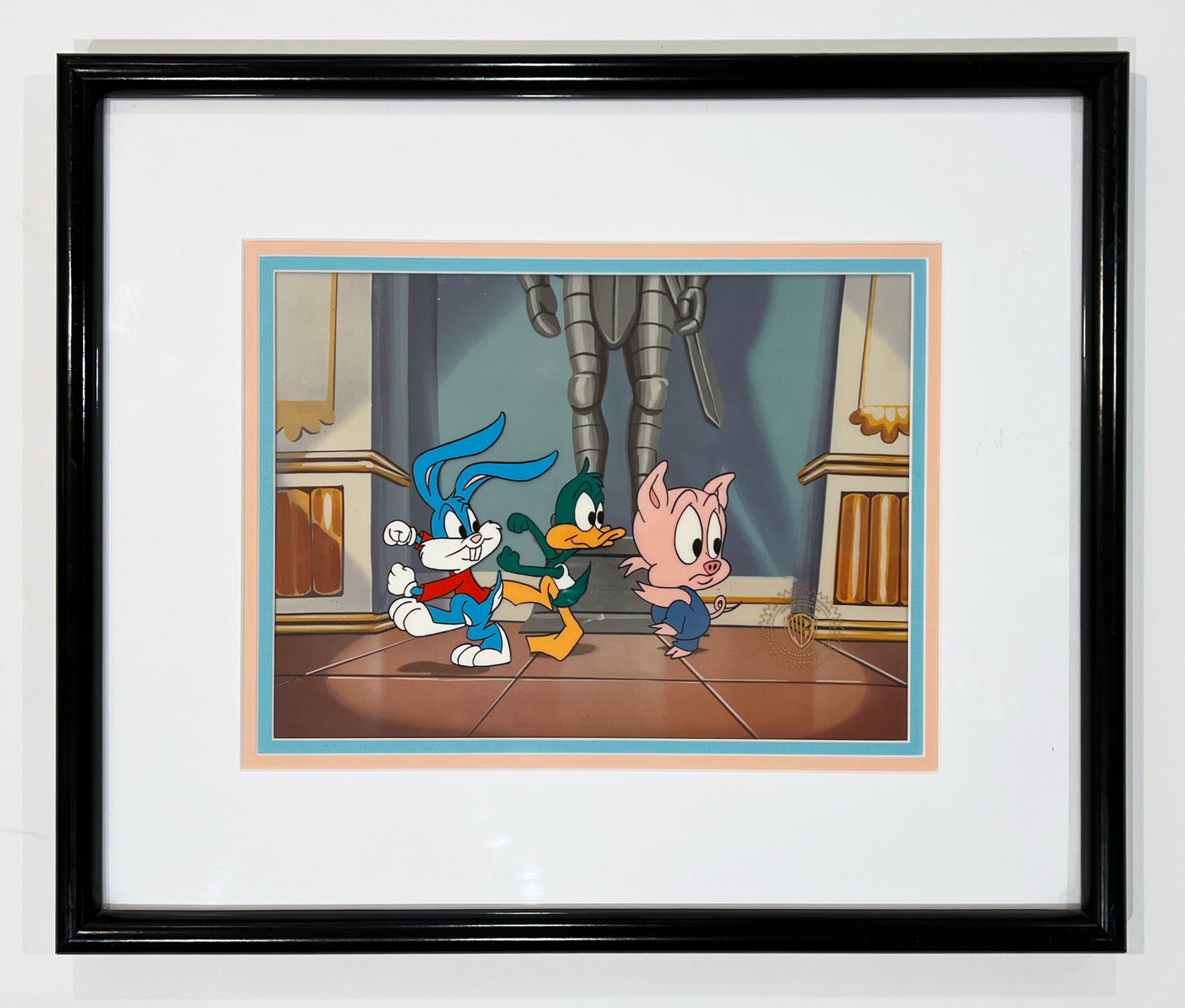 Original Warner Brothers Tiny Toons Adventures TV Production Cel "Europe in 30 Minutes" featuring Buster Bunny, Plucky Duck and Hampton J. Pig