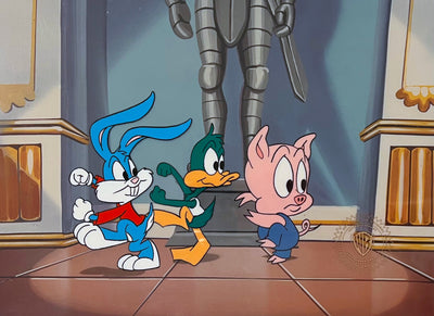 Original Warner Brothers Tiny Toons Adventures TV Production Cel "Europe in 30 Minutes" featuring Buster Bunny, Plucky Duck and Hampton J. Pig