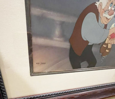 Walt Disney Limited Edition Cel Together Again from Pinocchio, Featuring Pinocchio, Geppetto and Figaro Signed by Animator Joe Grant