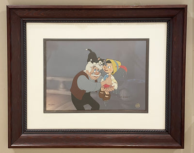 Walt Disney Limited Edition Cel Together Again from Pinocchio, Featuring Pinocchio, Geppetto and Figaro Signed by Animator Joe Grant