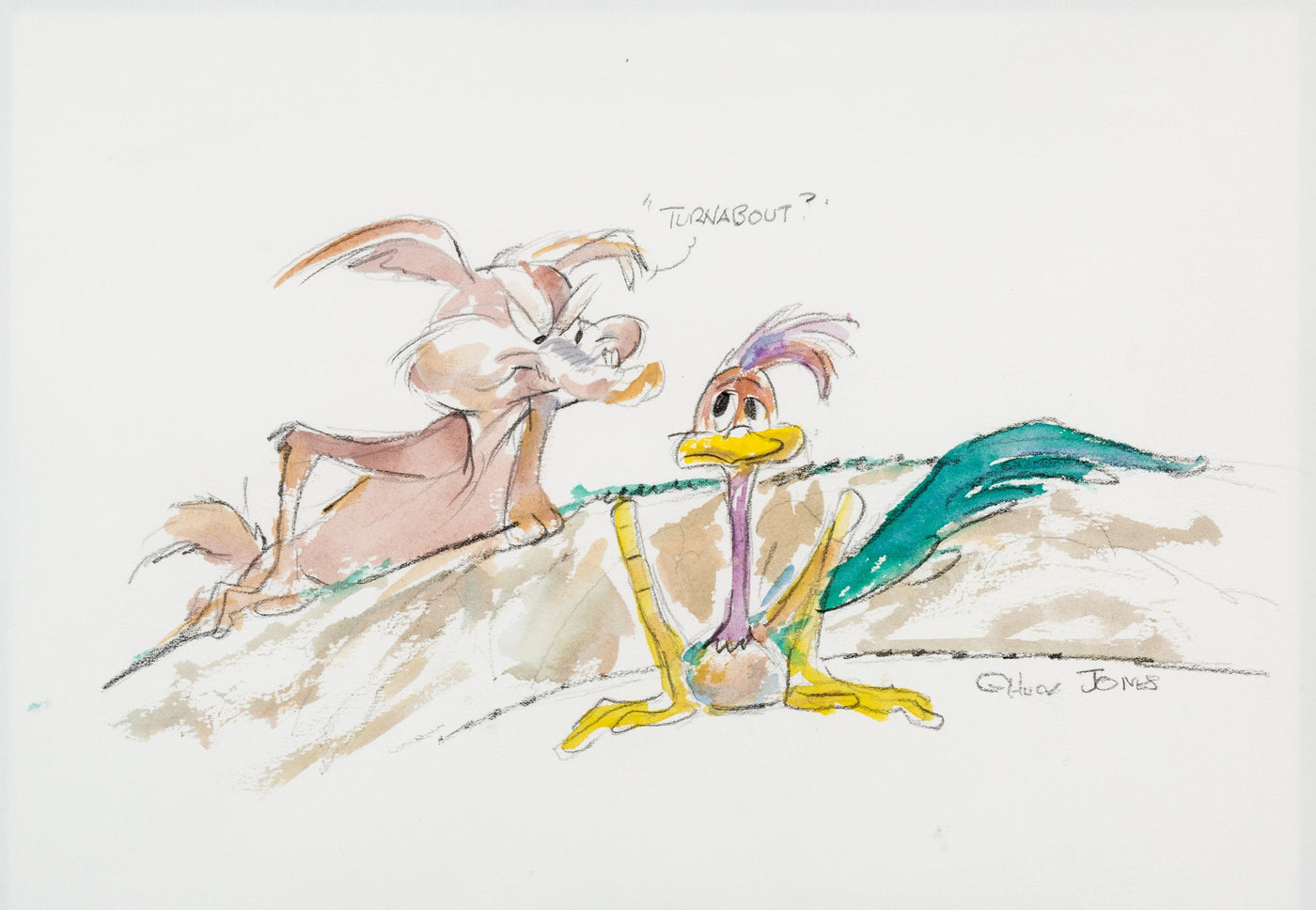 Original Chuck Jones Watercolor "Turnabout?" featuring Wile E. Coyote and Roadrunner