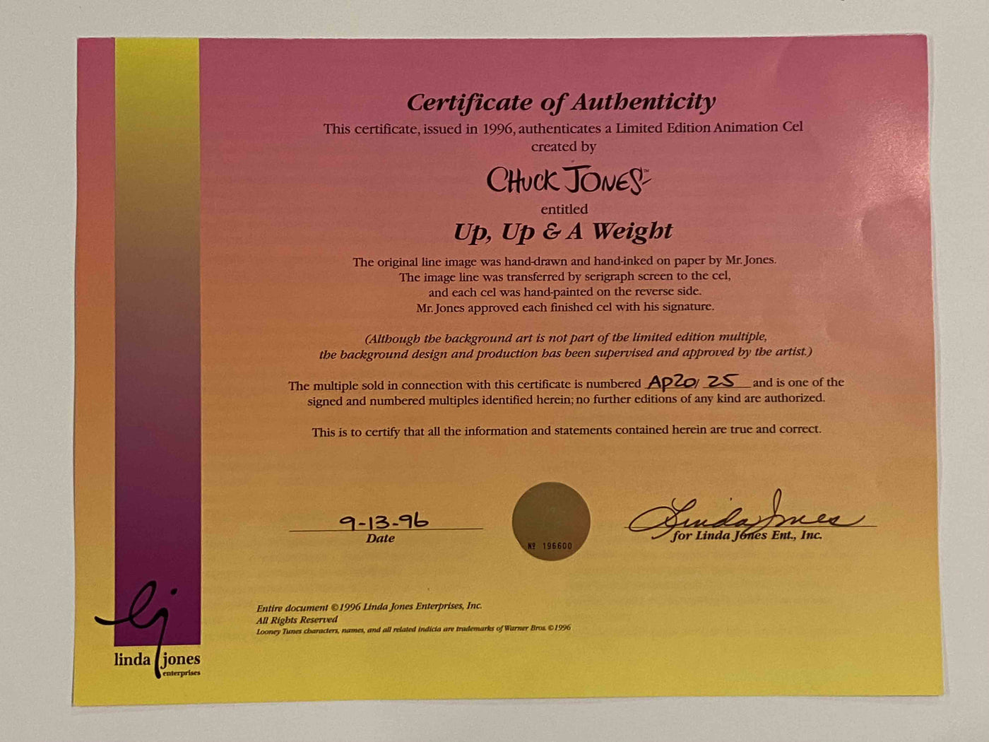 Warner Brothers Limited Edition Cel "Up Up and A Weight" Signed By Chuck Jones