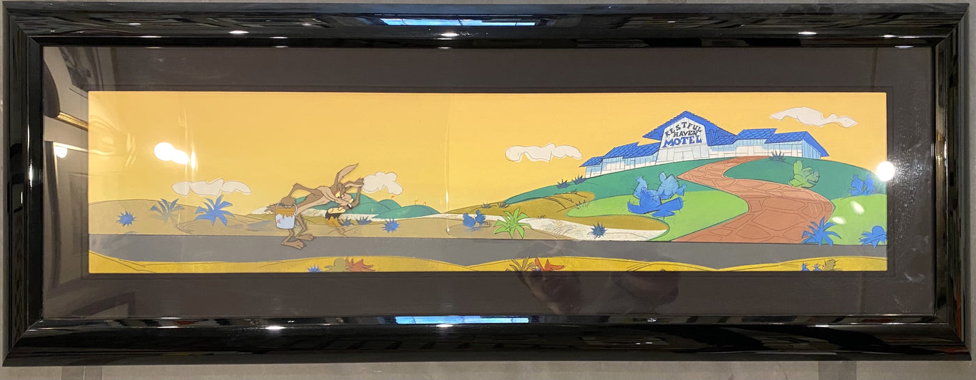 Original Warner Brothers Production Cel on Production Background Featuring Wile E. Coyote