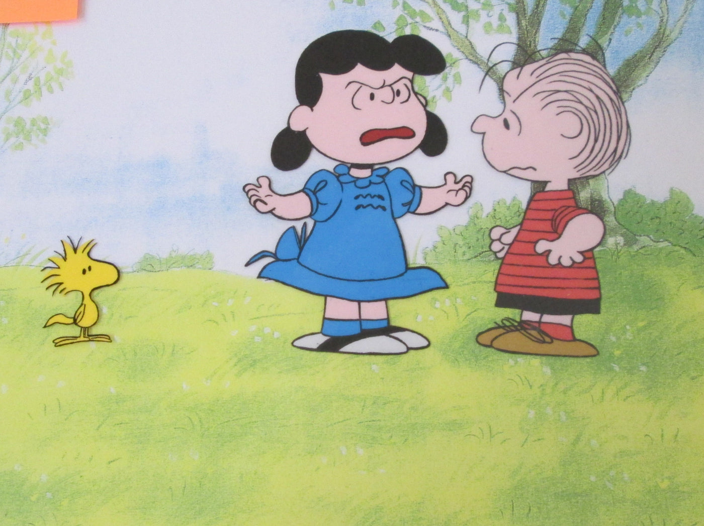 Original Peanuts Production Cel featuring Woodstock, Lucy, and Linus from It's a Mystery, Charlie Brown